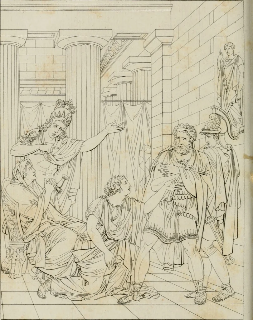 An illustration from Annales du musée et de l'école moderne des beaux-arts : recueil de gravures au trait, d'après les principaux ouvrages de peinture, sculpture, ou projets d'architecture, qui, chaque année, ont remporté le prix, soit aux écoles spéciales, soit aux concours nationaux : les productions des artistes en tous genres, qui, aux différentes expositions, ont été citées avec éloges : les morceaux les plus estimés ou inédits de la galerie de peinture : la suite complète de celle des antiques : édifices anciens et modernes, etc., 1800, leaf 239