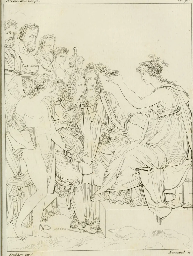 An illustration from Annales du musée et de l'école moderne des beaux-arts : recueil de gravures au trait, d'après les principaux ouvrages de peinture, sculpture, ou projets d'architecture, qui, chaque année, ont remporté le prix, soit aux écoles spéciales, soit aux concours nationaux : les productions des artistes en tous genres, qui, aux différentes expositions, ont été citées avec éloges : les morceaux les plus estimés ou inédits de la galerie de peinture : la suite complète de celle des antiques : édifices anciens et modernes, etc., 1800, leaf 242