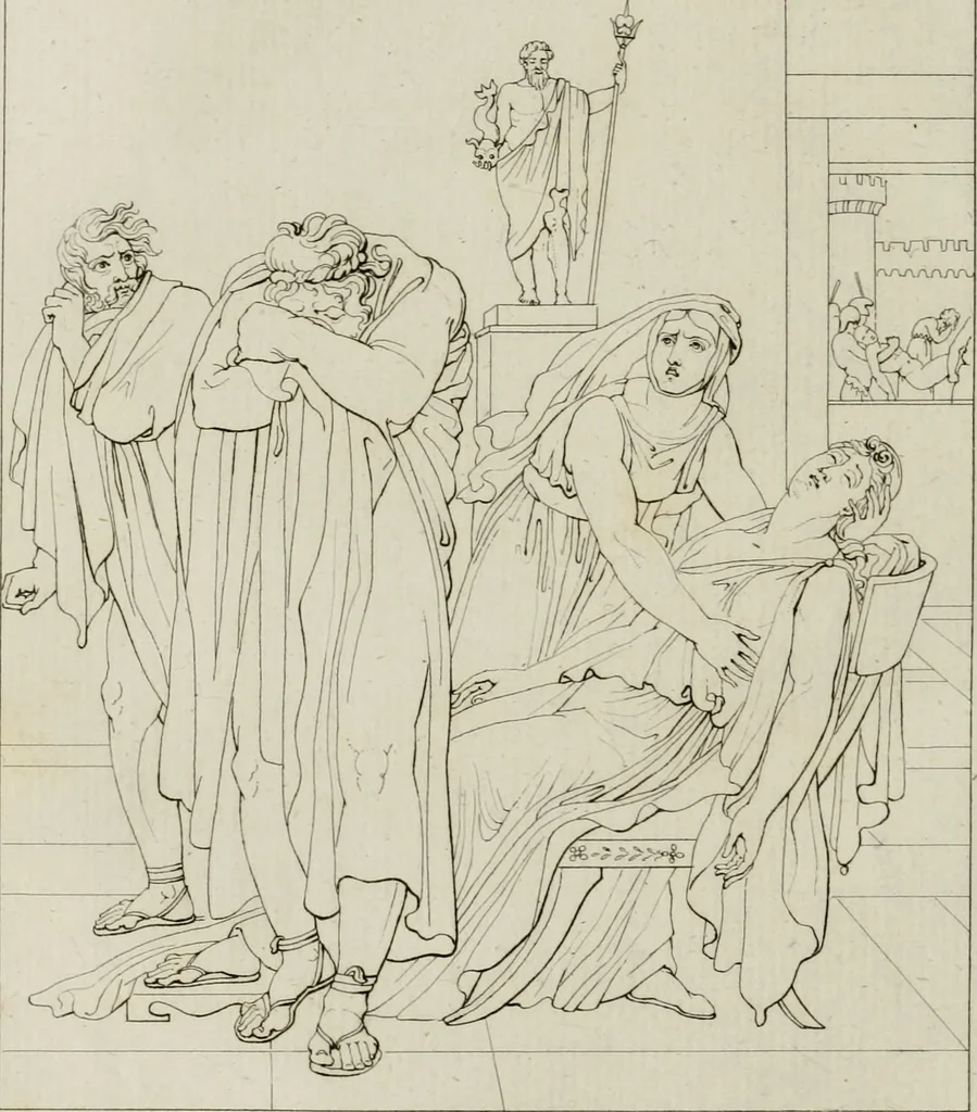 An illustration from Annales du musée et de l'école moderne des beaux-arts : recueil de gravures au trait, d'après les principaux ouvrages de peinture, sculpture, ou projets d'architecture, qui, chaque année, ont remporté le prix, soit aux écoles spéciales, soit aux concours nationaux : les productions des artistes en tous genres, qui, aux différentes expositions, ont été citées avec éloges : les morceaux les plus estimés ou inédits de la galerie de peinture : la suite complète de celle des antiques : édifices anciens et modernes, etc., 1800, leaf 245