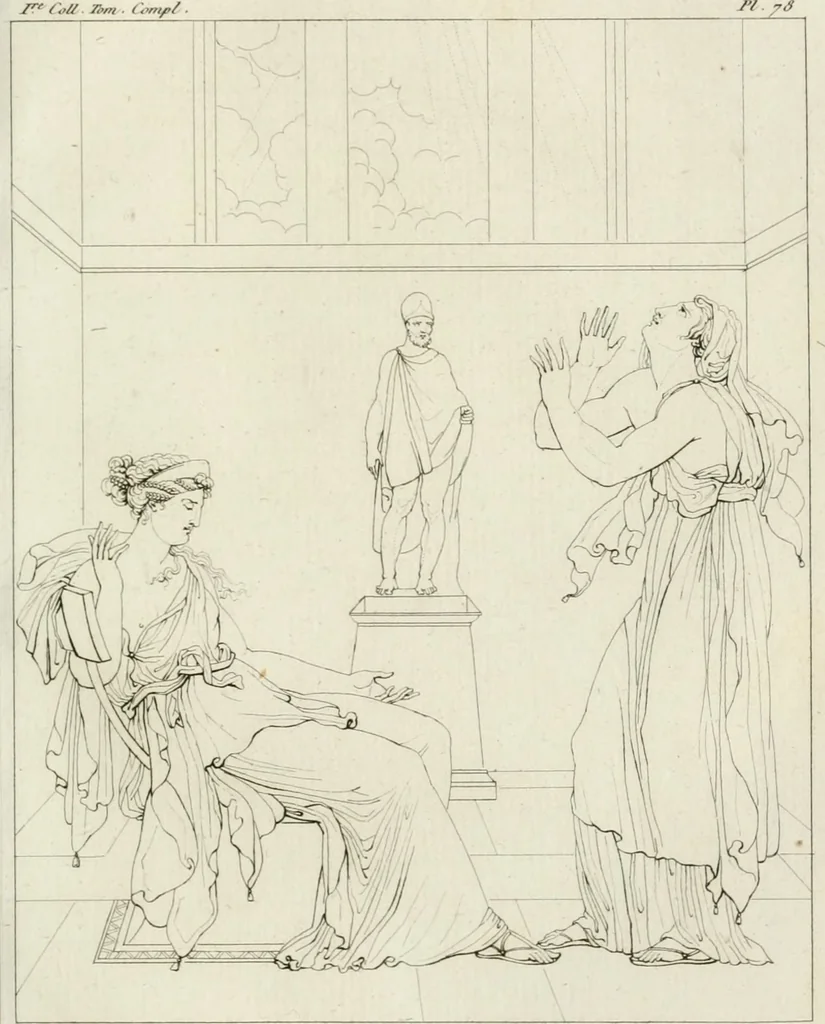 An illustration from Annales du musée et de l'école moderne des beaux-arts : recueil de gravures au trait, d'après les principaux ouvrages de peinture, sculpture, ou projets d'architecture, qui, chaque année, ont remporté le prix, soit aux écoles spéciales, soit aux concours nationaux : les productions des artistes en tous genres, qui, aux différentes expositions, ont été citées avec éloges : les morceaux les plus estimés ou inédits de la galerie de peinture : la suite complète de celle des antiques : édifices anciens et modernes, etc., 1800, leaf 248