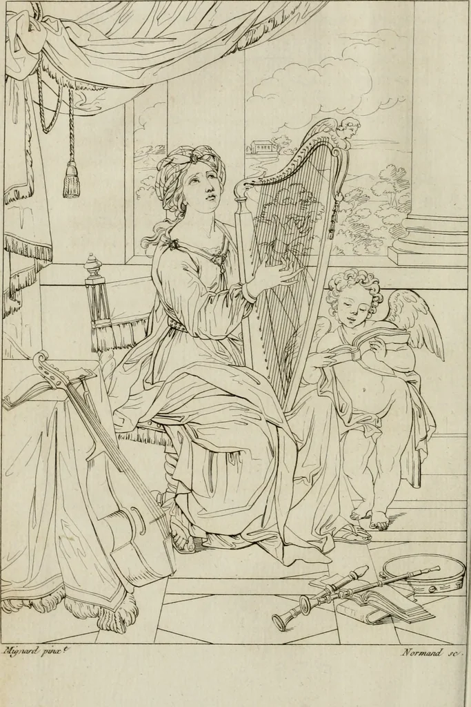An illustration from Annales du musée et de l'école moderne des beaux-arts : recueil de gravures au trait, d'après les principaux ouvrages de peinture, sculpture, ou projets d'architecture, qui, chaque année, ont remporté le prix, soit aux écoles spéciales, soit aux concours nationaux : les productions des artistes en tous genres, qui, aux différentes expositions, ont été citées avec éloges : les morceaux les plus estimés ou inédits de la galerie de peinture : la suite complète de celle des antiques : édifices anciens et modernes, etc., 1800, leaf 25