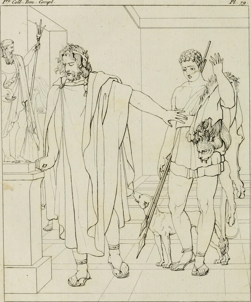 An illustration from Annales du musée et de l'école moderne des beaux-arts : recueil de gravures au trait, d'après les principaux ouvrages de peinture, sculpture, ou projets d'architecture, qui, chaque année, ont remporté le prix, soit aux écoles spéciales, soit aux concours nationaux : les productions des artistes en tous genres, qui, aux différentes expositions, ont été citées avec éloges : les morceaux les plus estimés ou inédits de la galerie de peinture : la suite complète de celle des antiques : édifices anciens et modernes, etc., 1800, leaf 251