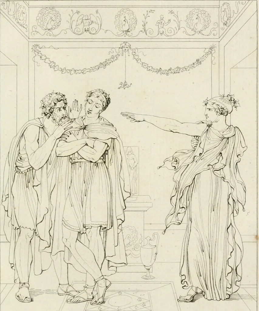 An illustration from Annales du musée et de l'école moderne des beaux-arts : recueil de gravures au trait, d'après les principaux ouvrages de peinture, sculpture, ou projets d'architecture, qui, chaque année, ont remporté le prix, soit aux écoles spéciales, soit aux concours nationaux : les productions des artistes en tous genres, qui, aux différentes expositions, ont été citées avec éloges : les morceaux les plus estimés ou inédits de la galerie de peinture : la suite complète de celle des antiques : édifices anciens et modernes, etc., 1800, leaf 254