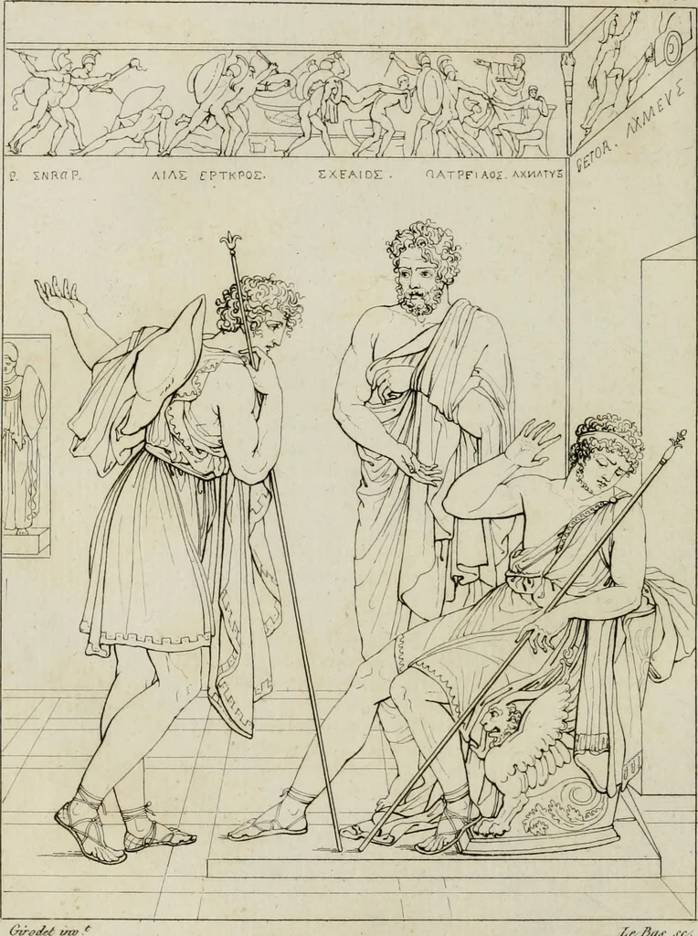 An illustration from Annales du musée et de l'école moderne des beaux-arts : recueil de gravures au trait, d'après les principaux ouvrages de peinture, sculpture, ou projets d'architecture, qui, chaque année, ont remporté le prix, soit aux écoles spéciales, soit aux concours nationaux : les productions des artistes en tous genres, qui, aux différentes expositions, ont été citées avec éloges : les morceaux les plus estimés ou inédits de la galerie de peinture : la suite complète de celle des antiques : édifices anciens et modernes, etc., 1800, leaf 257