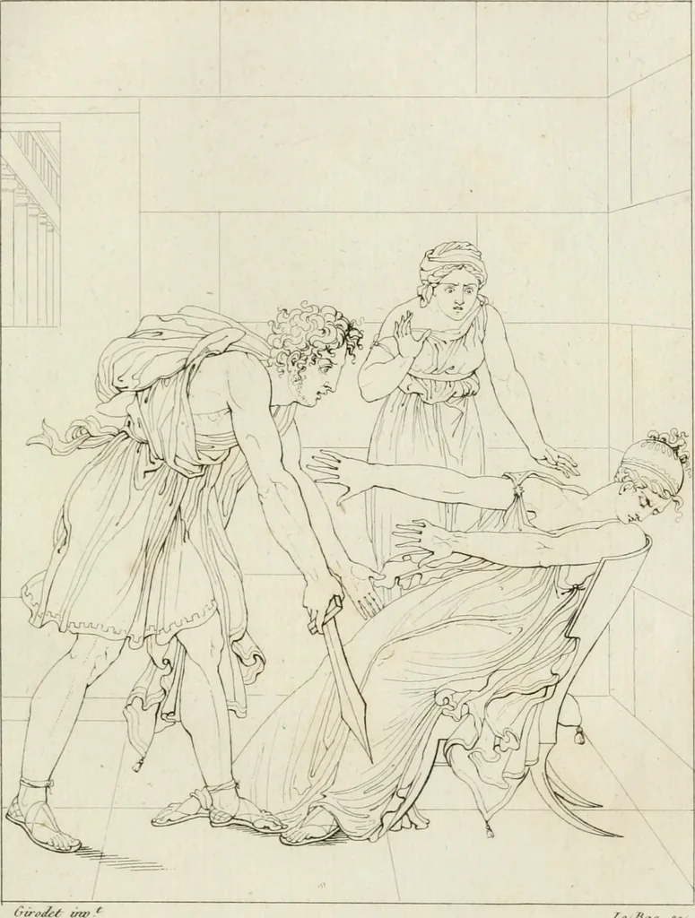 An illustration from Annales du musée et de l'école moderne des beaux-arts : recueil de gravures au trait, d'après les principaux ouvrages de peinture, sculpture, ou projets d'architecture, qui, chaque année, ont remporté le prix, soit aux écoles spéciales, soit aux concours nationaux : les productions des artistes en tous genres, qui, aux différentes expositions, ont été citées avec éloges : les morceaux les plus estimés ou inédits de la galerie de peinture : la suite complète de celle des antiques : édifices anciens et modernes, etc., 1800, leaf 260
