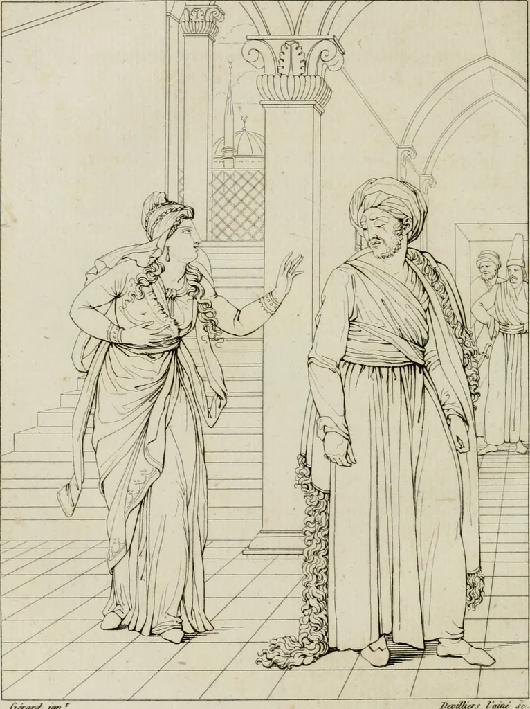 An illustration from Annales du musée et de l'école moderne des beaux-arts : recueil de gravures au trait, d'après les principaux ouvrages de peinture, sculpture, ou projets d'architecture, qui, chaque année, ont remporté le prix, soit aux écoles spéciales, soit aux concours nationaux : les productions des artistes en tous genres, qui, aux différentes expositions, ont été citées avec éloges : les morceaux les plus estimés ou inédits de la galerie de peinture : la suite complète de celle des antiques : édifices anciens et modernes, etc., 1800, leaf 263