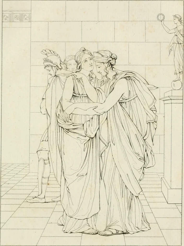 An illustration from Annales du musée et de l'école moderne des beaux-arts : recueil de gravures au trait, d'après les principaux ouvrages de peinture, sculpture, ou projets d'architecture, qui, chaque année, ont remporté le prix, soit aux écoles spéciales, soit aux concours nationaux : les productions des artistes en tous genres, qui, aux différentes expositions, ont été citées avec éloges : les morceaux les plus estimés ou inédits de la galerie de peinture : la suite complète de celle des antiques : édifices anciens et modernes, etc., 1800, leaf 266