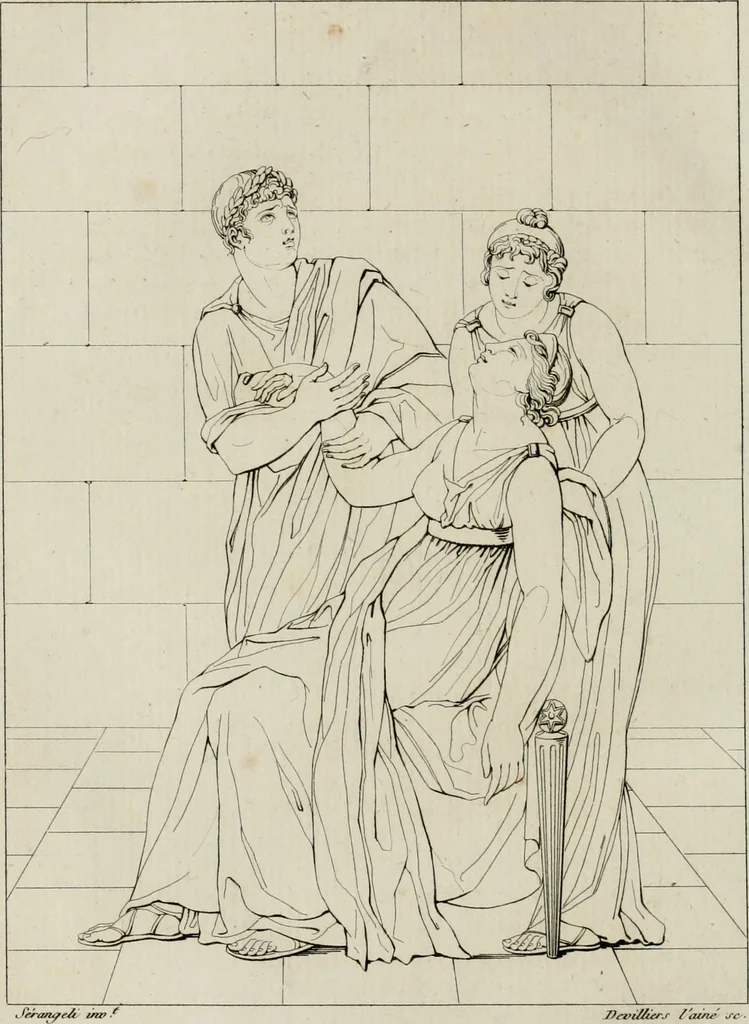 An illustration from Annales du musée et de l'école moderne des beaux-arts : recueil de gravures au trait, d'après les principaux ouvrages de peinture, sculpture, ou projets d'architecture, qui, chaque année, ont remporté le prix, soit aux écoles spéciales, soit aux concours nationaux : les productions des artistes en tous genres, qui, aux différentes expositions, ont été citées avec éloges : les morceaux les plus estimés ou inédits de la galerie de peinture : la suite complète de celle des antiques : édifices anciens et modernes, etc., 1800, leaf 269
