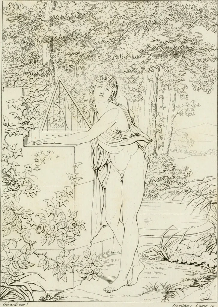 An illustration from Annales du musée et de l'école moderne des beaux-arts : recueil de gravures au trait, d'après les principaux ouvrages de peinture, sculpture, ou projets d'architecture, qui, chaque année, ont remporté le prix, soit aux écoles spéciales, soit aux concours nationaux : les productions des artistes en tous genres, qui, aux différentes expositions, ont été citées avec éloges : les morceaux les plus estimés ou inédits de la galerie de peinture : la suite complète de celle des antiques : édifices anciens et modernes, etc., 1800, leaf 272