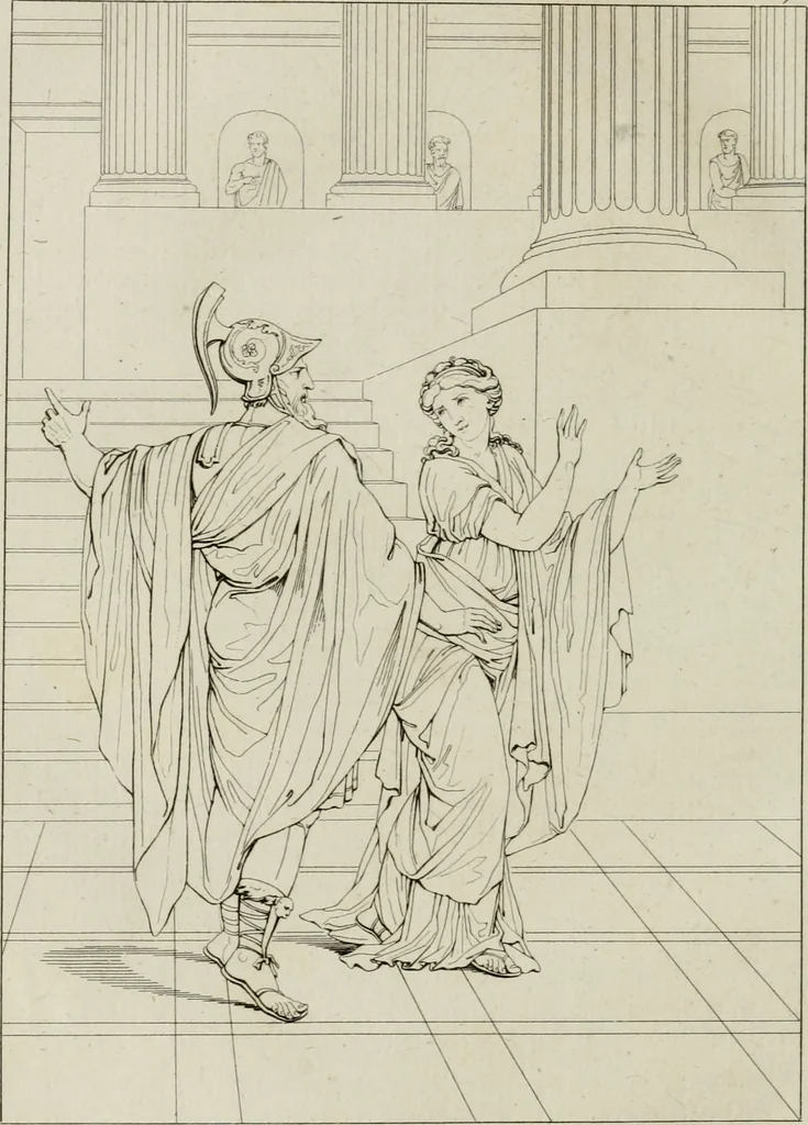 An illustration from Annales du musée et de l'école moderne des beaux-arts : recueil de gravures au trait, d'après les principaux ouvrages de peinture, sculpture, ou projets d'architecture, qui, chaque année, ont remporté le prix, soit aux écoles spéciales, soit aux concours nationaux : les productions des artistes en tous genres, qui, aux différentes expositions, ont été citées avec éloges : les morceaux les plus estimés ou inédits de la galerie de peinture : la suite complète de celle des antiques : édifices anciens et modernes, etc., 1800, leaf 275