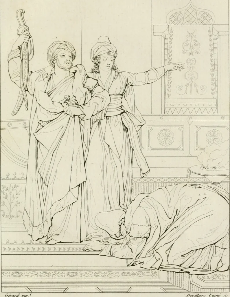 An illustration from Annales du musée et de l'école moderne des beaux-arts : recueil de gravures au trait, d'après les principaux ouvrages de peinture, sculpture, ou projets d'architecture, qui, chaque année, ont remporté le prix, soit aux écoles spéciales, soit aux concours nationaux : les productions des artistes en tous genres, qui, aux différentes expositions, ont été citées avec éloges : les morceaux les plus estimés ou inédits de la galerie de peinture : la suite complète de celle des antiques : édifices anciens et modernes, etc., 1800, leaf 278