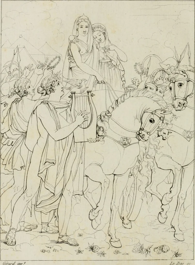 An illustration from Annales du musée et de l'école moderne des beaux-arts : recueil de gravures au trait, d'après les principaux ouvrages de peinture, sculpture, ou projets d'architecture, qui, chaque année, ont remporté le prix, soit aux écoles spéciales, soit aux concours nationaux : les productions des artistes en tous genres, qui, aux différentes expositions, ont été citées avec éloges : les morceaux les plus estimés ou inédits de la galerie de peinture : la suite complète de celle des antiques : édifices anciens et modernes, etc., 1800, leaf 281