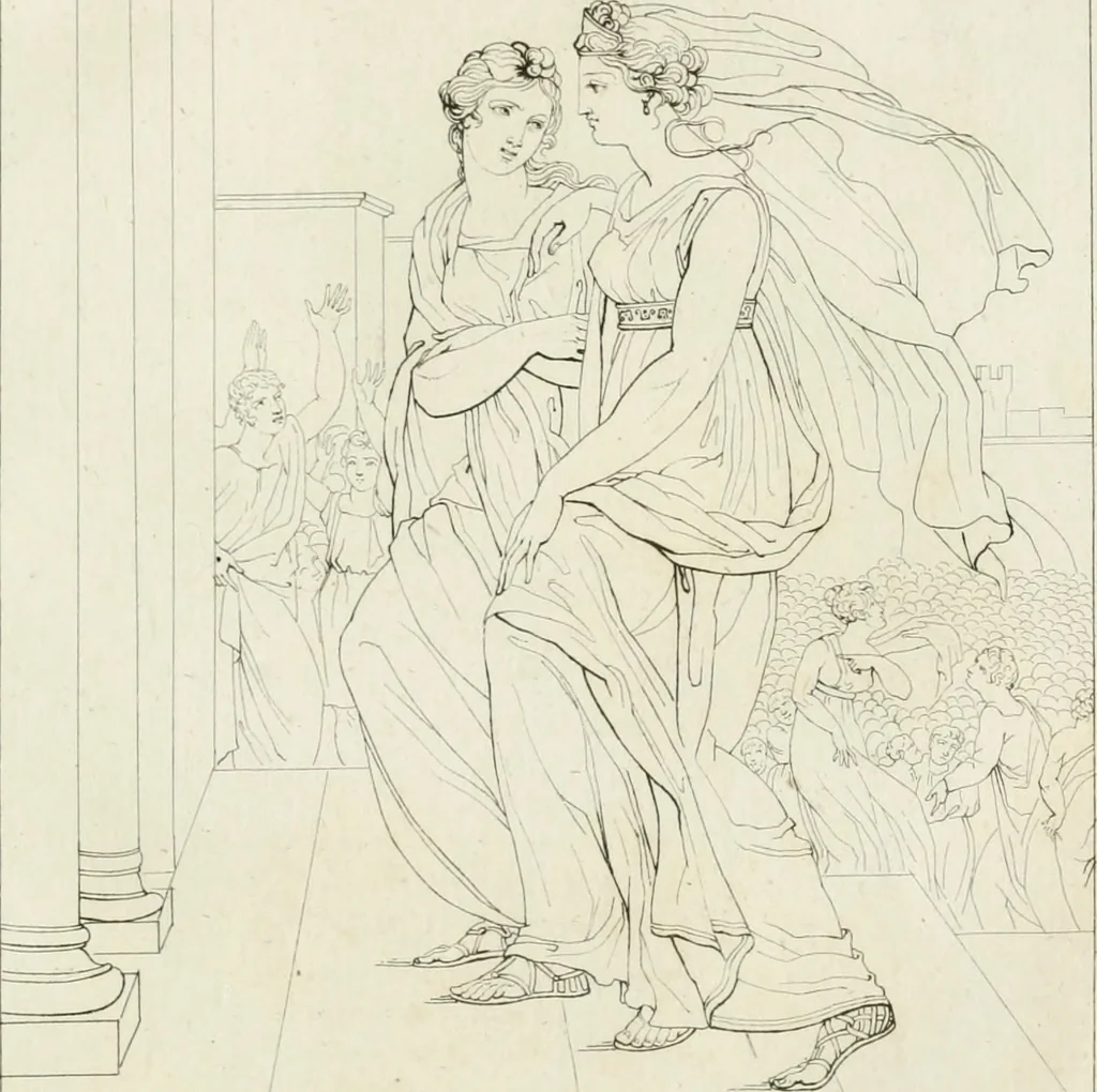 An illustration from Annales du musée et de l'école moderne des beaux-arts : recueil de gravures au trait, d'après les principaux ouvrages de peinture, sculpture, ou projets d'architecture, qui, chaque année, ont remporté le prix, soit aux écoles spéciales, soit aux concours nationaux : les productions des artistes en tous genres, qui, aux différentes expositions, ont été citées avec éloges : les morceaux les plus estimés ou inédits de la galerie de peinture : la suite complète de celle des antiques : édifices anciens et modernes, etc., 1800, leaf 284