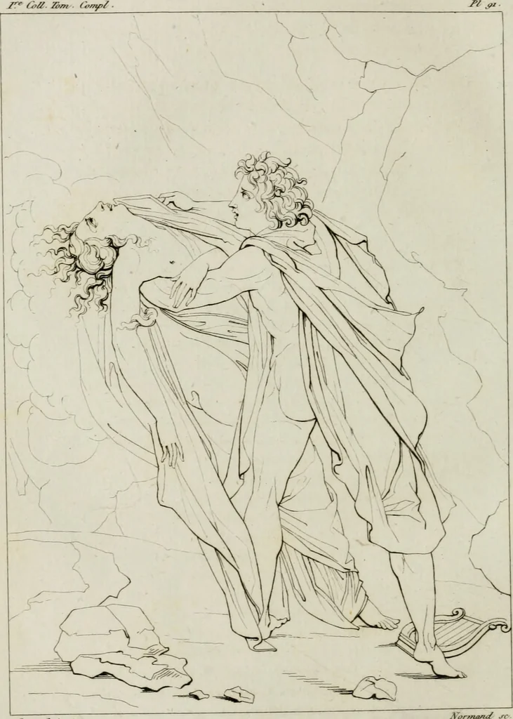 An illustration from Annales du musée et de l'école moderne des beaux-arts : recueil de gravures au trait, d'après les principaux ouvrages de peinture, sculpture, ou projets d'architecture, qui, chaque année, ont remporté le prix, soit aux écoles spéciales, soit aux concours nationaux : les productions des artistes en tous genres, qui, aux différentes expositions, ont été citées avec éloges : les morceaux les plus estimés ou inédits de la galerie de peinture : la suite complète de celle des antiques : édifices anciens et modernes, etc., 1800, leaf 287