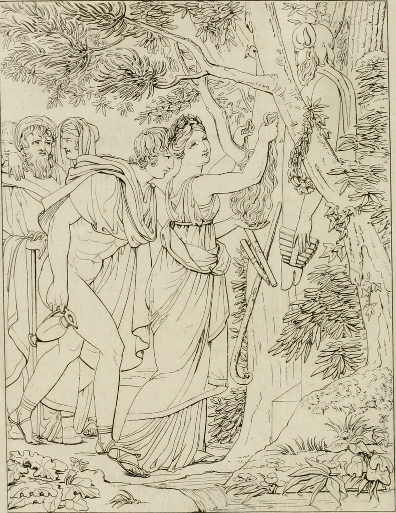 An illustration from Annales du musée et de l'école moderne des beaux-arts : recueil de gravures au trait, d'après les principaux ouvrages de peinture, sculpture, ou projets d'architecture, qui, chaque année, ont remporté le prix, soit aux écoles spéciales, soit aux concours nationaux : les productions des artistes en tous genres, qui, aux différentes expositions, ont été citées avec éloges : les morceaux les plus estimés ou inédits de la galerie de peinture : la suite complète de celle des antiques : édifices anciens et modernes, etc., 1800, leaf 29