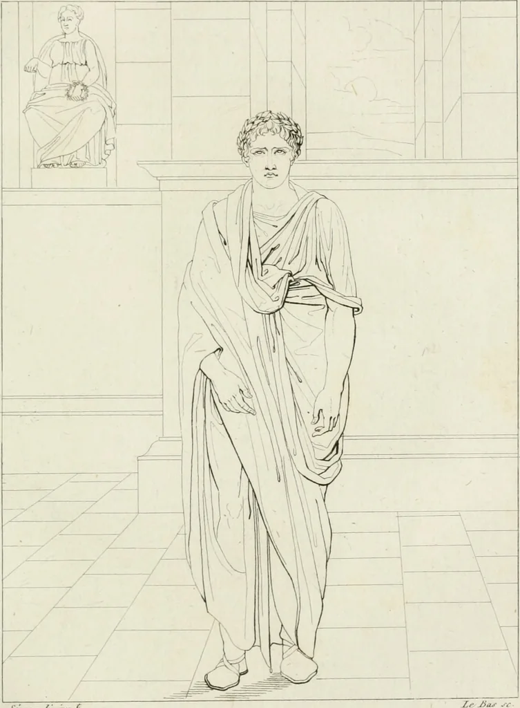 An illustration from Annales du musée et de l'école moderne des beaux-arts : recueil de gravures au trait, d'après les principaux ouvrages de peinture, sculpture, ou projets d'architecture, qui, chaque année, ont remporté le prix, soit aux écoles spéciales, soit aux concours nationaux : les productions des artistes en tous genres, qui, aux différentes expositions, ont été citées avec éloges : les morceaux les plus estimés ou inédits de la galerie de peinture : la suite complète de celle des antiques : édifices anciens et modernes, etc., 1800, leaf 290