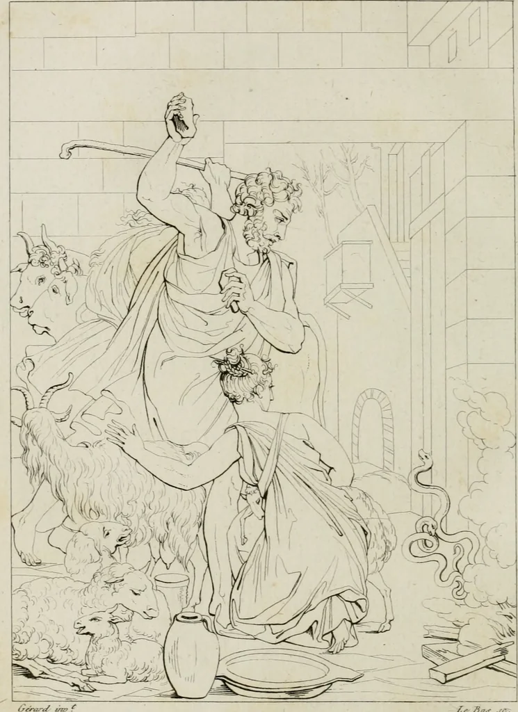 An illustration from Annales du musée et de l'école moderne des beaux-arts : recueil de gravures au trait, d'après les principaux ouvrages de peinture, sculpture, ou projets d'architecture, qui, chaque année, ont remporté le prix, soit aux écoles spéciales, soit aux concours nationaux : les productions des artistes en tous genres, qui, aux différentes expositions, ont été citées avec éloges : les morceaux les plus estimés ou inédits de la galerie de peinture : la suite complète de celle des antiques : édifices anciens et modernes, etc., 1800, leaf 293