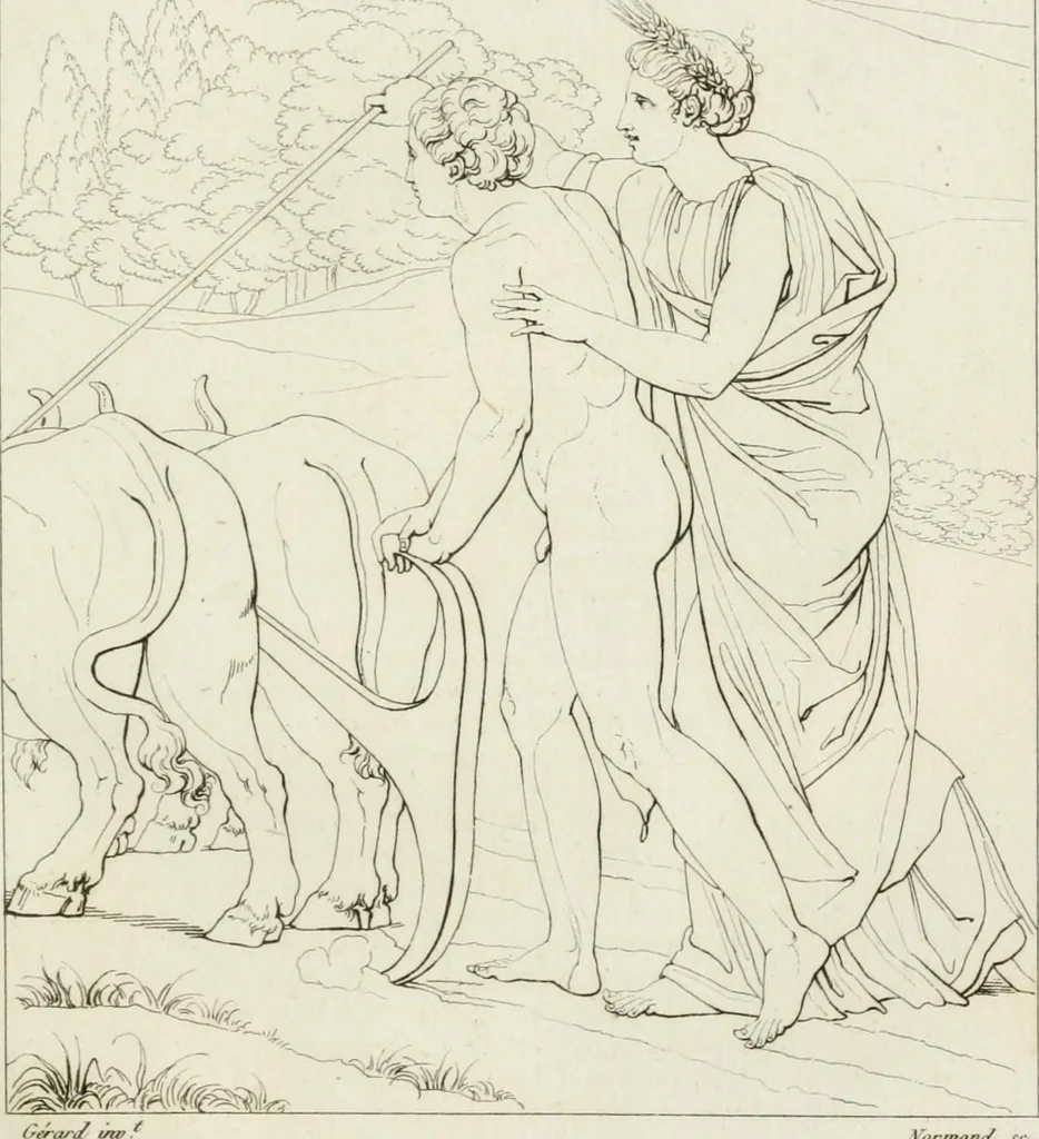 An illustration from Annales du musée et de l'école moderne des beaux-arts : recueil de gravures au trait, d'après les principaux ouvrages de peinture, sculpture, ou projets d'architecture, qui, chaque année, ont remporté le prix, soit aux écoles spéciales, soit aux concours nationaux : les productions des artistes en tous genres, qui, aux différentes expositions, ont été citées avec éloges : les morceaux les plus estimés ou inédits de la galerie de peinture : la suite complète de celle des antiques : édifices anciens et modernes, etc., 1800, leaf 296