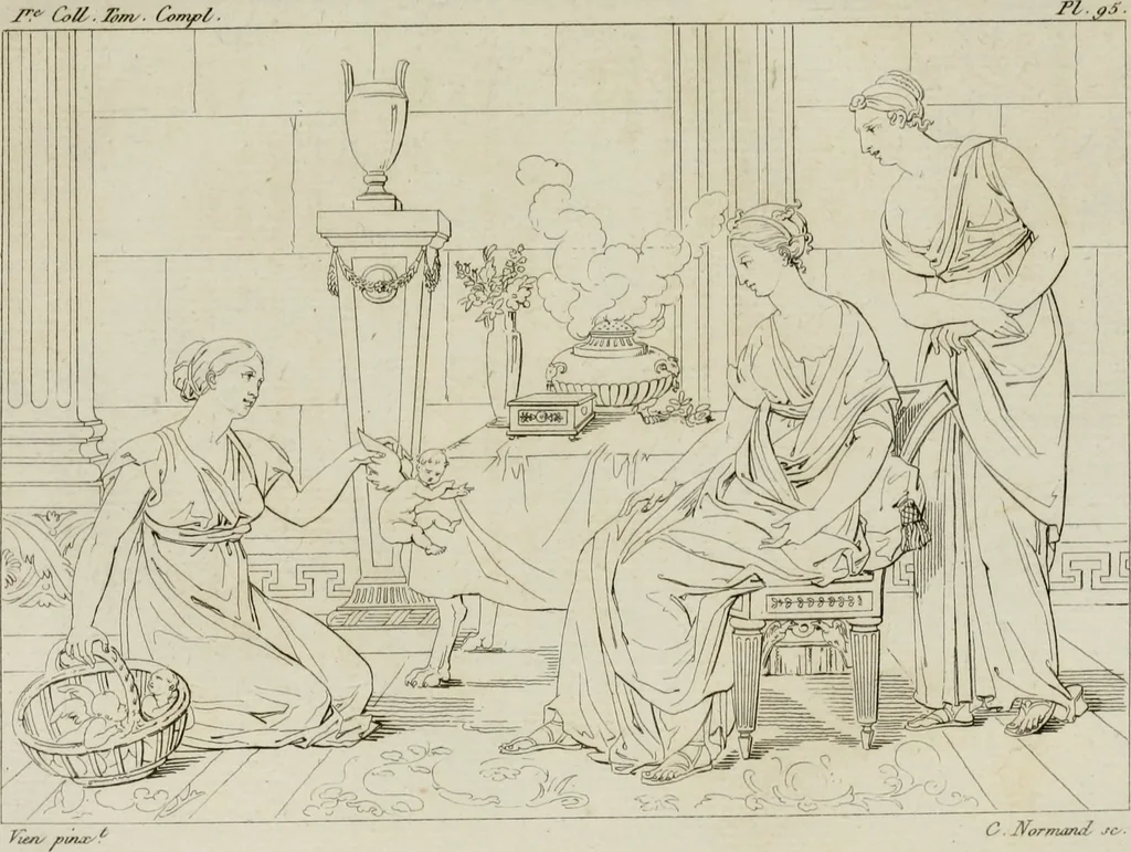 An illustration from Annales du musée et de l'école moderne des beaux-arts : recueil de gravures au trait, d'après les principaux ouvrages de peinture, sculpture, ou projets d'architecture, qui, chaque année, ont remporté le prix, soit aux écoles spéciales, soit aux concours nationaux : les productions des artistes en tous genres, qui, aux différentes expositions, ont été citées avec éloges : les morceaux les plus estimés ou inédits de la galerie de peinture : la suite complète de celle des antiques : édifices anciens et modernes, etc., 1800, leaf 299