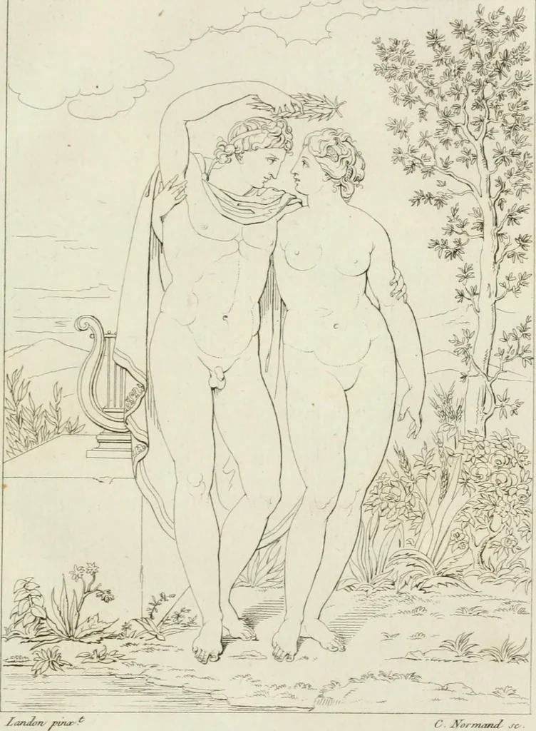 An illustration from Annales du musée et de l'école moderne des beaux-arts : recueil de gravures au trait, d'après les principaux ouvrages de peinture, sculpture, ou projets d'architecture, qui, chaque année, ont remporté le prix, soit aux écoles spéciales, soit aux concours nationaux : les productions des artistes en tous genres, qui, aux différentes expositions, ont été citées avec éloges : les morceaux les plus estimés ou inédits de la galerie de peinture : la suite complète de celle des antiques : édifices anciens et modernes, etc., 1800, leaf 302