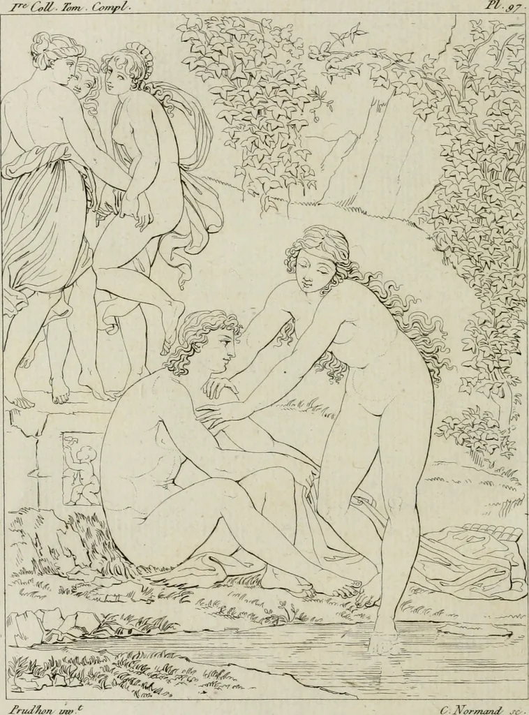 An illustration from Annales du musée et de l'école moderne des beaux-arts : recueil de gravures au trait, d'après les principaux ouvrages de peinture, sculpture, ou projets d'architecture, qui, chaque année, ont remporté le prix, soit aux écoles spéciales, soit aux concours nationaux : les productions des artistes en tous genres, qui, aux différentes expositions, ont été citées avec éloges : les morceaux les plus estimés ou inédits de la galerie de peinture : la suite complète de celle des antiques : édifices anciens et modernes, etc., 1800, leaf 305