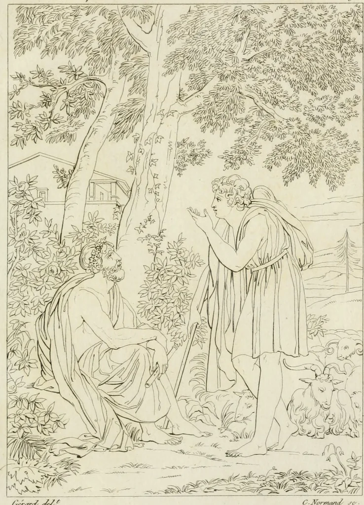 An illustration from Annales du musée et de l'école moderne des beaux-arts : recueil de gravures au trait, d'après les principaux ouvrages de peinture, sculpture, ou projets d'architecture, qui, chaque année, ont remporté le prix, soit aux écoles spéciales, soit aux concours nationaux : les productions des artistes en tous genres, qui, aux différentes expositions, ont été citées avec éloges : les morceaux les plus estimés ou inédits de la galerie de peinture : la suite complète de celle des antiques : édifices anciens et modernes, etc., 1800, leaf 308