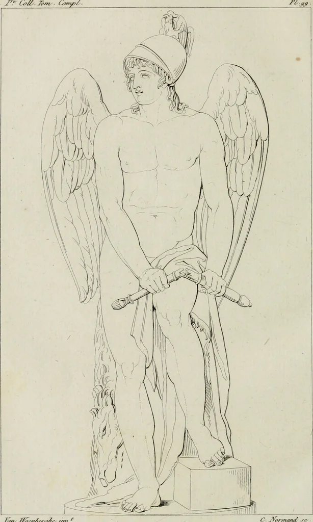 An illustration from Annales du musée et de l'école moderne des beaux-arts : recueil de gravures au trait, d'après les principaux ouvrages de peinture, sculpture, ou projets d'architecture, qui, chaque année, ont remporté le prix, soit aux écoles spéciales, soit aux concours nationaux : les productions des artistes en tous genres, qui, aux différentes expositions, ont été citées avec éloges : les morceaux les plus estimés ou inédits de la galerie de peinture : la suite complète de celle des antiques : édifices anciens et modernes, etc., 1800, leaf 311