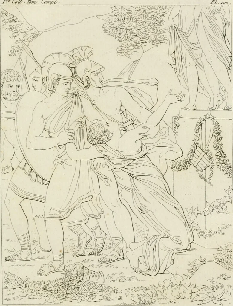 An illustration from Annales du musée et de l'école moderne des beaux-arts : recueil de gravures au trait, d'après les principaux ouvrages de peinture, sculpture, ou projets d'architecture, qui, chaque année, ont remporté le prix, soit aux écoles spéciales, soit aux concours nationaux : les productions des artistes en tous genres, qui, aux différentes expositions, ont été citées avec éloges : les morceaux les plus estimés ou inédits de la galerie de peinture : la suite complète de celle des antiques : édifices anciens et modernes, etc., 1800, leaf 314