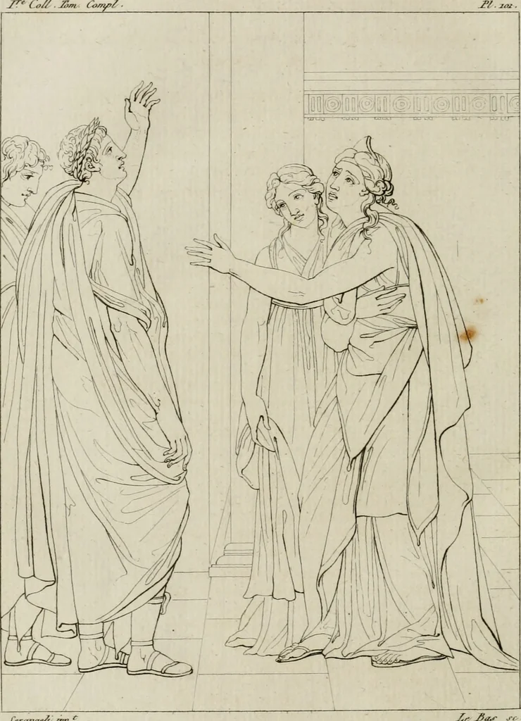 An illustration from Annales du musée et de l'école moderne des beaux-arts : recueil de gravures au trait, d'après les principaux ouvrages de peinture, sculpture, ou projets d'architecture, qui, chaque année, ont remporté le prix, soit aux écoles spéciales, soit aux concours nationaux : les productions des artistes en tous genres, qui, aux différentes expositions, ont été citées avec éloges : les morceaux les plus estimés ou inédits de la galerie de peinture : la suite complète de celle des antiques : édifices anciens et modernes, etc., 1800, leaf 317