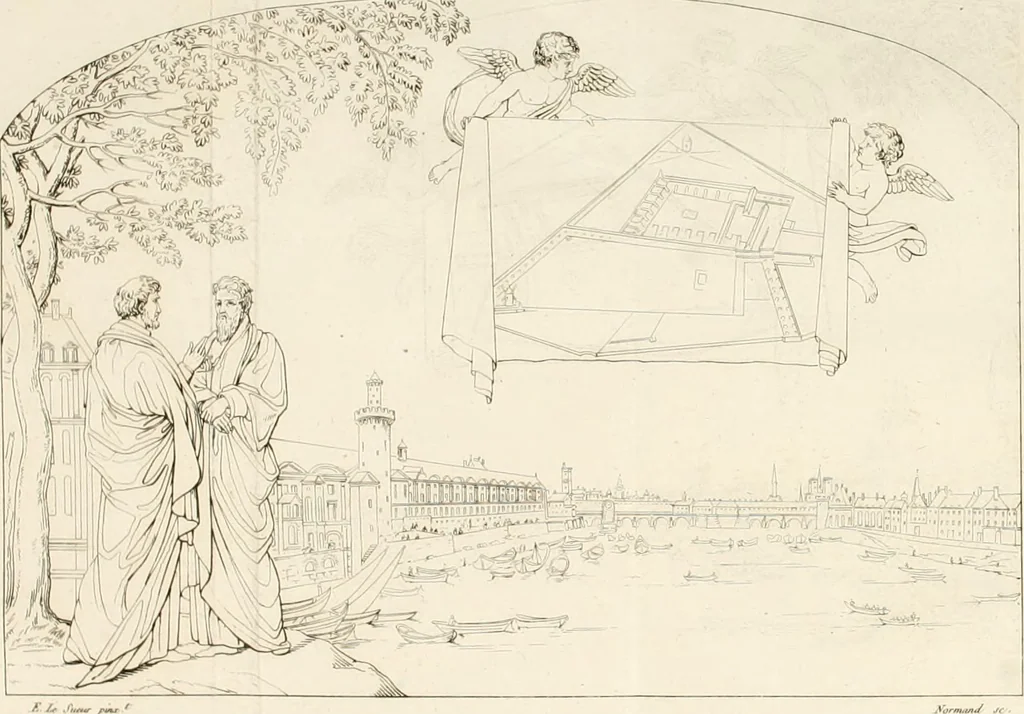 An illustration from Annales du musée et de l'école moderne des beaux-arts : recueil de gravures au trait, d'après les principaux ouvrages de peinture, sculpture, ou projets d'architecture, qui, chaque année, ont remporté le prix, soit aux écoles spéciales, soit aux concours nationaux : les productions des artistes en tous genres, qui, aux différentes expositions, ont été citées avec éloges : les morceaux les plus estimés ou inédits de la galerie de peinture : la suite complète de celle des antiques : édifices anciens et modernes, etc., 1800, leaf 32