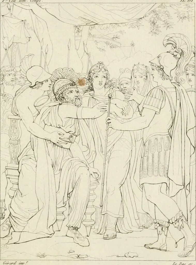 An illustration from Annales du musée et de l'école moderne des beaux-arts : recueil de gravures au trait, d'après les principaux ouvrages de peinture, sculpture, ou projets d'architecture, qui, chaque année, ont remporté le prix, soit aux écoles spéciales, soit aux concours nationaux : les productions des artistes en tous genres, qui, aux différentes expositions, ont été citées avec éloges : les morceaux les plus estimés ou inédits de la galerie de peinture : la suite complète de celle des antiques : édifices anciens et modernes, etc., 1800, leaf 320