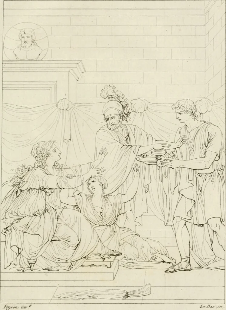 An illustration from Annales du musée et de l'école moderne des beaux-arts : recueil de gravures au trait, d'après les principaux ouvrages de peinture, sculpture, ou projets d'architecture, qui, chaque année, ont remporté le prix, soit aux écoles spéciales, soit aux concours nationaux : les productions des artistes en tous genres, qui, aux différentes expositions, ont été citées avec éloges : les morceaux les plus estimés ou inédits de la galerie de peinture : la suite complète de celle des antiques : édifices anciens et modernes, etc., 1800, leaf 326
