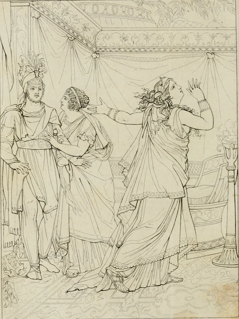 An illustration from Annales du musée et de l'école moderne des beaux-arts : recueil de gravures au trait, d'après les principaux ouvrages de peinture, sculpture, ou projets d'architecture, qui, chaque année, ont remporté le prix, soit aux écoles spéciales, soit aux concours nationaux : les productions des artistes en tous genres, qui, aux différentes expositions, ont été citées avec éloges : les morceaux les plus estimés ou inédits de la galerie de peinture : la suite complète de celle des antiques : édifices anciens et modernes, etc., 1800, leaf 329
