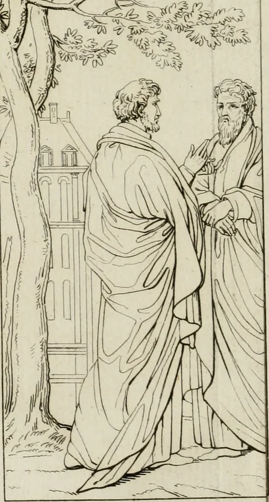 An illustration from Annales du musée et de l'école moderne des beaux-arts : recueil de gravures au trait, d'après les principaux ouvrages de peinture, sculpture, ou projets d'architecture, qui, chaque année, ont remporté le prix, soit aux écoles spéciales, soit aux concours nationaux : les productions des artistes en tous genres, qui, aux différentes expositions, ont été citées avec éloges : les morceaux les plus estimés ou inédits de la galerie de peinture : la suite complète de celle des antiques : édifices anciens et modernes, etc., 1800, leaf 33