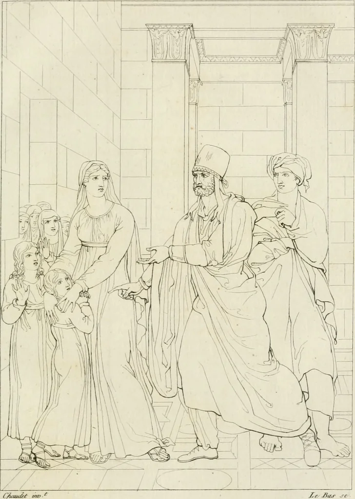 An illustration from Annales du musée et de l'école moderne des beaux-arts : recueil de gravures au trait, d'après les principaux ouvrages de peinture, sculpture, ou projets d'architecture, qui, chaque année, ont remporté le prix, soit aux écoles spéciales, soit aux concours nationaux : les productions des artistes en tous genres, qui, aux différentes expositions, ont été citées avec éloges : les morceaux les plus estimés ou inédits de la galerie de peinture : la suite complète de celle des antiques : édifices anciens et modernes, etc., 1800, leaf 332