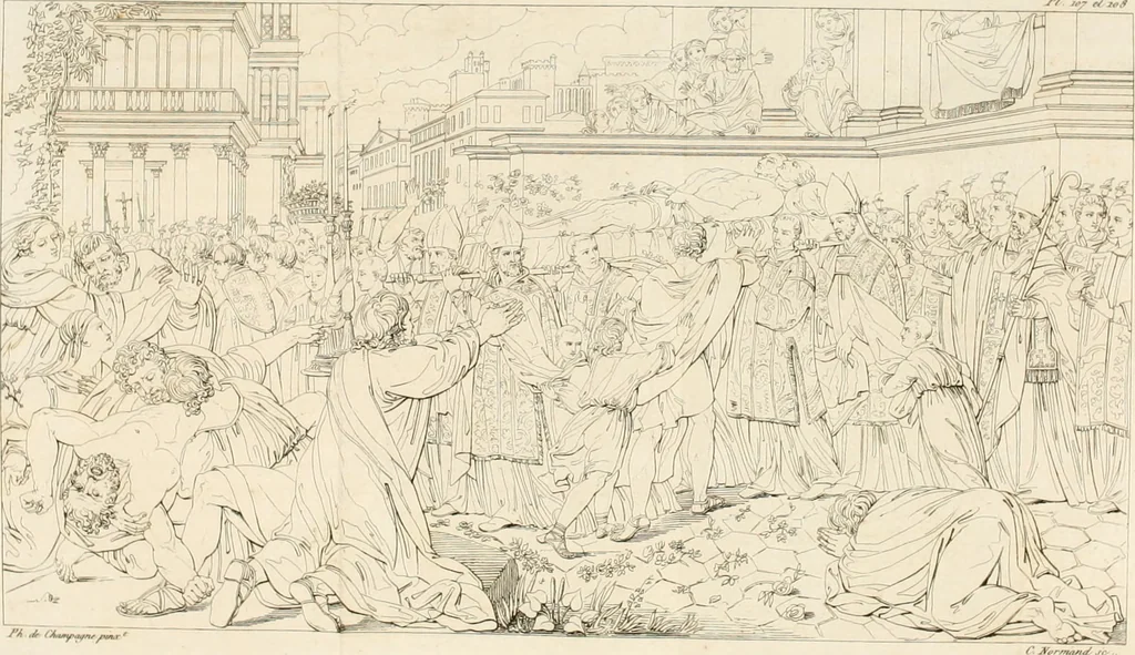 An illustration from Annales du musée et de l'école moderne des beaux-arts : recueil de gravures au trait, d'après les principaux ouvrages de peinture, sculpture, ou projets d'architecture, qui, chaque année, ont remporté le prix, soit aux écoles spéciales, soit aux concours nationaux : les productions des artistes en tous genres, qui, aux différentes expositions, ont été citées avec éloges : les morceaux les plus estimés ou inédits de la galerie de peinture : la suite complète de celle des antiques : édifices anciens et modernes, etc., 1800, leaf 334