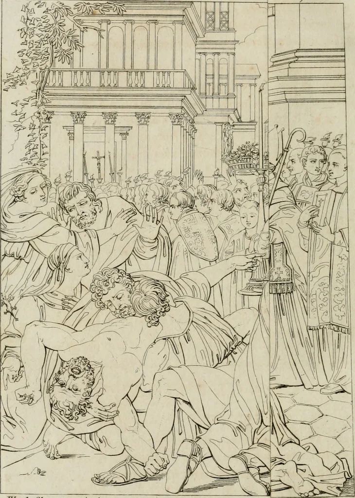 An illustration from Annales du musée et de l'école moderne des beaux-arts : recueil de gravures au trait, d'après les principaux ouvrages de peinture, sculpture, ou projets d'architecture, qui, chaque année, ont remporté le prix, soit aux écoles spéciales, soit aux concours nationaux : les productions des artistes en tous genres, qui, aux différentes expositions, ont été citées avec éloges : les morceaux les plus estimés ou inédits de la galerie de peinture : la suite complète de celle des antiques : édifices anciens et modernes, etc., 1800, leaf 335