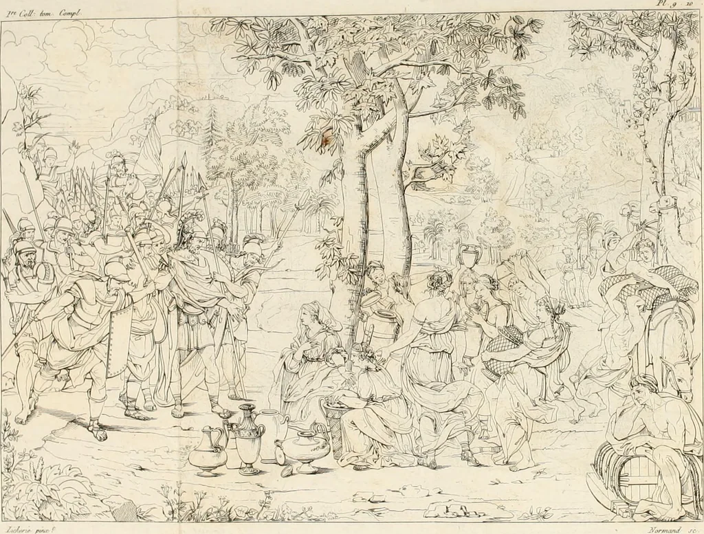An illustration from Annales du musée et de l'école moderne des beaux-arts : recueil de gravures au trait, d'après les principaux ouvrages de peinture, sculpture, ou projets d'architecture, qui, chaque année, ont remporté le prix, soit aux écoles spéciales, soit aux concours nationaux : les productions des artistes en tous genres, qui, aux différentes expositions, ont été citées avec éloges : les morceaux les plus estimés ou inédits de la galerie de peinture : la suite complète de celle des antiques : édifices anciens et modernes, etc., 1800, leaf 44