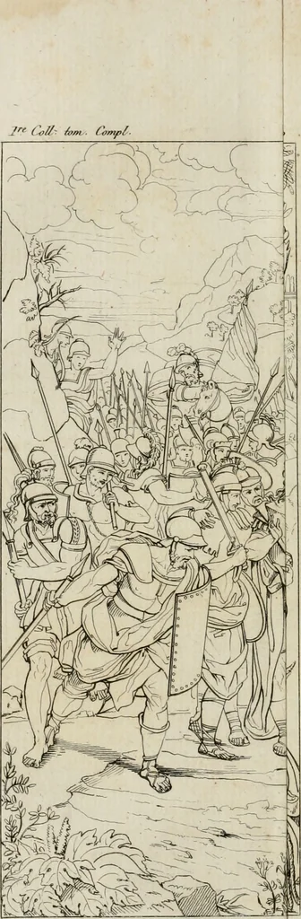 An illustration from Annales du musée et de l'école moderne des beaux-arts : recueil de gravures au trait, d'après les principaux ouvrages de peinture, sculpture, ou projets d'architecture, qui, chaque année, ont remporté le prix, soit aux écoles spéciales, soit aux concours nationaux : les productions des artistes en tous genres, qui, aux différentes expositions, ont été citées avec éloges : les morceaux les plus estimés ou inédits de la galerie de peinture : la suite complète de celle des antiques : édifices anciens et modernes, etc., 1800, leaf 45