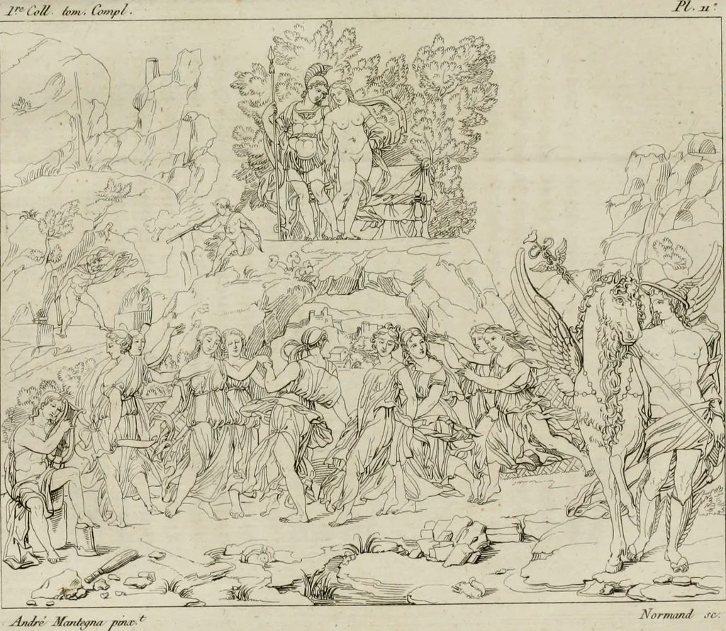 An illustration from Annales du musée et de l'école moderne des beaux-arts : recueil de gravures au trait, d'après les principaux ouvrages de peinture, sculpture, ou projets d'architecture, qui, chaque année, ont remporté le prix, soit aux écoles spéciales, soit aux concours nationaux : les productions des artistes en tous genres, qui, aux différentes expositions, ont été citées avec éloges : les morceaux les plus estimés ou inédits de la galerie de peinture : la suite complète de celle des antiques : édifices anciens et modernes, etc., 1800, leaf 49