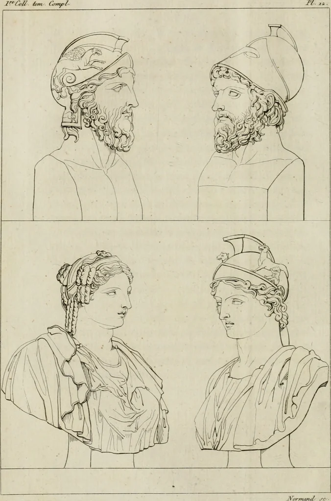 An illustration from Annales du musée et de l'école moderne des beaux-arts : recueil de gravures au trait, d'après les principaux ouvrages de peinture, sculpture, ou projets d'architecture, qui, chaque année, ont remporté le prix, soit aux écoles spéciales, soit aux concours nationaux : les productions des artistes en tous genres, qui, aux différentes expositions, ont été citées avec éloges : les morceaux les plus estimés ou inédits de la galerie de peinture : la suite complète de celle des antiques : édifices anciens et modernes, etc., 1800, leaf 53