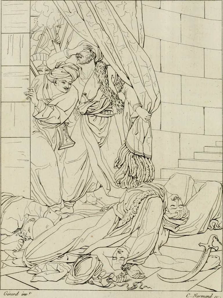 An illustration from Annales du musée et de l'école moderne des beaux-arts : recueil de gravures au trait, d'après les principaux ouvrages de peinture, sculpture, ou projets d'architecture, qui, chaque année, ont remporté le prix, soit aux écoles spéciales, soit aux concours nationaux : les productions des artistes en tous genres, qui, aux différentes expositions, ont été citées avec éloges : les morceaux les plus estimés ou inédits de la galerie de peinture : la suite complète de celle des antiques : édifices anciens et modernes, etc., 1800, leaf 57