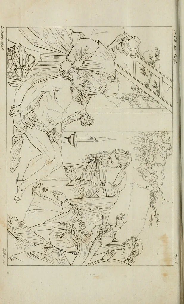 An illustration from Annales du musée et de l'école moderne des beaux-arts : recueil de gravures au trait, d'après les principaux ouvrages de peinture, sculpture, ou projets d'architecture, qui, chaque année, ont remporté le prix, soit aux écoles spéciales, soit aux concours nationaux : les productions des artistes en tous genres, qui, aux différentes expositions, ont été citées avec éloges : les morceaux les plus estimés ou inédits de la galerie de peinture : la suite complète de celle des antiques : édifices anciens et modernes, etc., 1800, leaf 61
