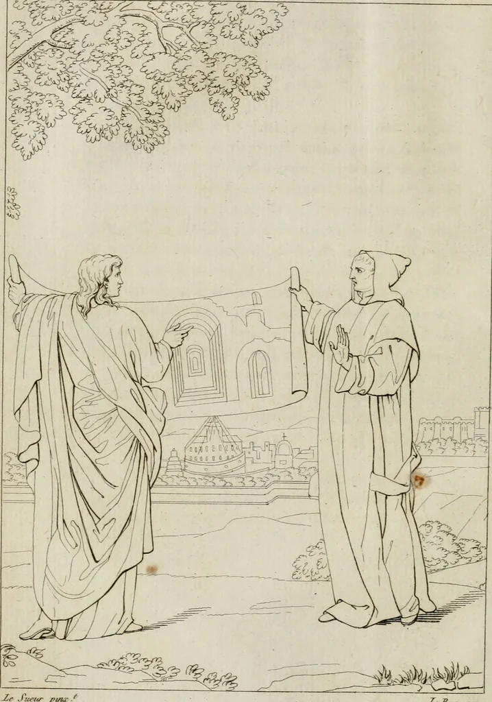 An illustration from Annales du musée et de l'école moderne des beaux-arts : recueil de gravures au trait, d'après les principaux ouvrages de peinture, sculpture, ou projets d'architecture, qui, chaque année, ont remporté le prix, soit aux écoles spéciales, soit aux concours nationaux : les productions des artistes en tous genres, qui, aux différentes expositions, ont été citées avec éloges : les morceaux les plus estimés ou inédits de la galerie de peinture : la suite complète de celle des antiques : édifices anciens et modernes, etc., 1800, leaf 65