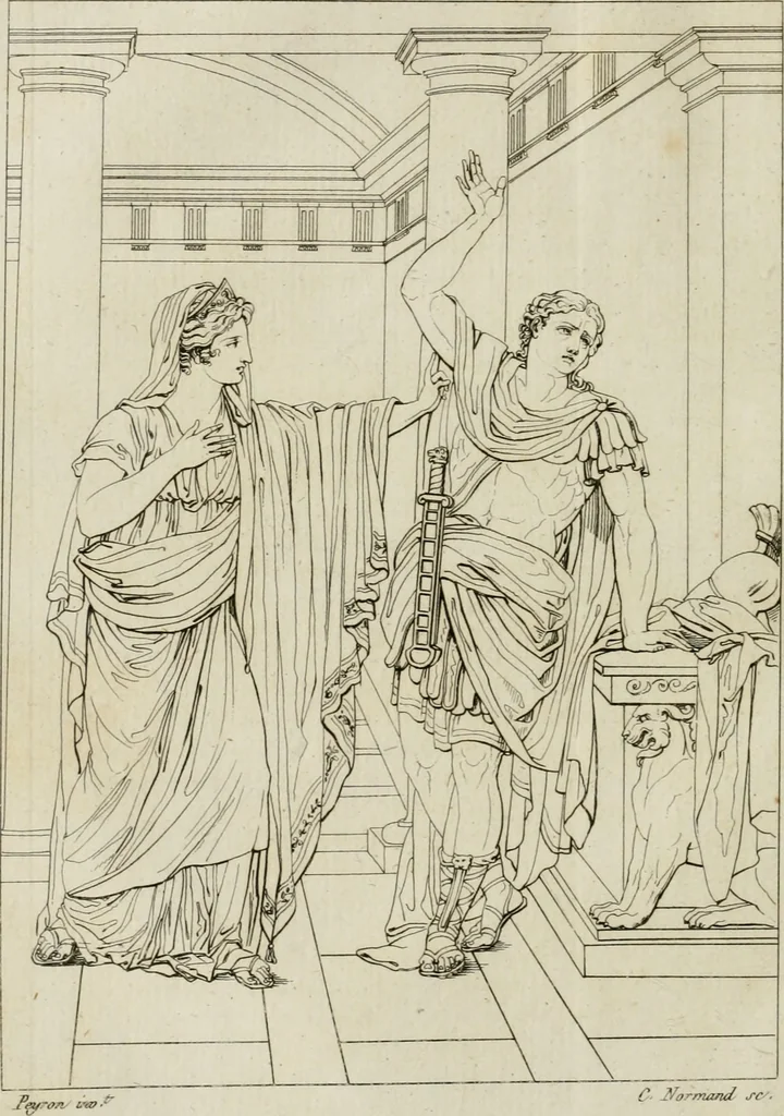 An illustration from Annales du musée et de l'école moderne des beaux-arts : recueil de gravures au trait, d'après les principaux ouvrages de peinture, sculpture, ou projets d'architecture, qui, chaque année, ont remporté le prix, soit aux écoles spéciales, soit aux concours nationaux : les productions des artistes en tous genres, qui, aux différentes expositions, ont été citées avec éloges : les morceaux les plus estimés ou inédits de la galerie de peinture : la suite complète de celle des antiques : édifices anciens et modernes, etc., 1800, leaf 69