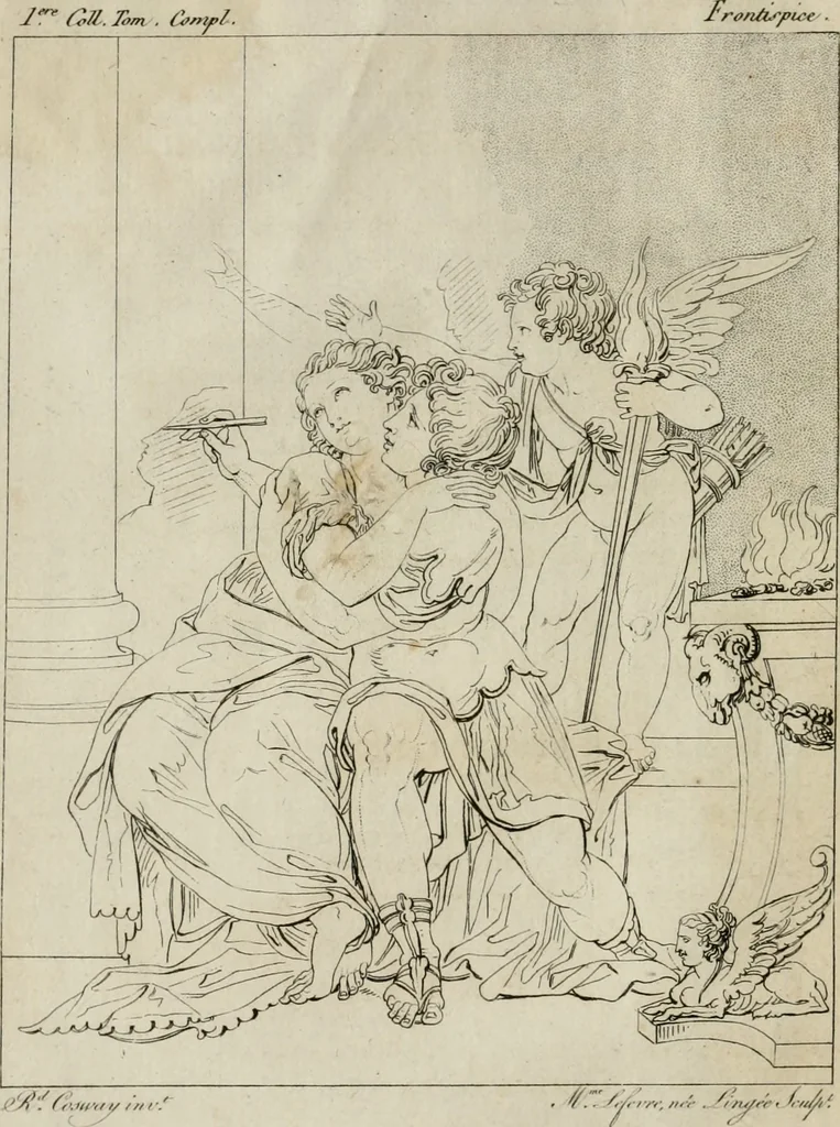 An illustration from Annales du musée et de l'école moderne des beaux-arts : recueil de gravures au trait, d'après les principaux ouvrages de peinture, sculpture, ou projets d'architecture, qui, chaque année, ont remporté le prix, soit aux écoles spéciales, soit aux concours nationaux : les productions des artistes en tous genres, qui, aux différentes expositions, ont été citées avec éloges : les morceaux les plus estimés ou inédits de la galerie de peinture : la suite complète de celle des antiques : édifices anciens et modernes, etc., 1800, leaf 7