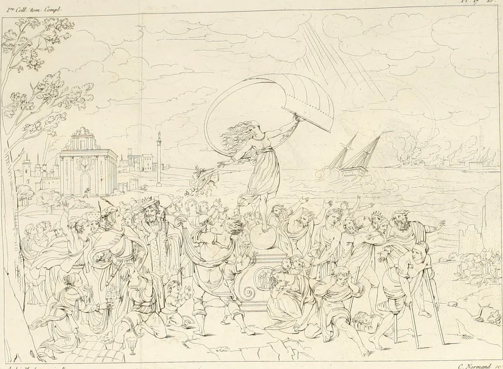 An illustration from Annales du musée et de l'école moderne des beaux-arts : recueil de gravures au trait, d'après les principaux ouvrages de peinture, sculpture, ou projets d'architecture, qui, chaque année, ont remporté le prix, soit aux écoles spéciales, soit aux concours nationaux : les productions des artistes en tous genres, qui, aux différentes expositions, ont été citées avec éloges : les morceaux les plus estimés ou inédits de la galerie de peinture : la suite complète de celle des antiques : édifices anciens et modernes, etc., 1800, leaf 72