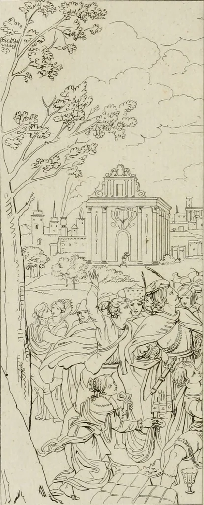 An illustration from Annales du musée et de l'école moderne des beaux-arts : recueil de gravures au trait, d'après les principaux ouvrages de peinture, sculpture, ou projets d'architecture, qui, chaque année, ont remporté le prix, soit aux écoles spéciales, soit aux concours nationaux : les productions des artistes en tous genres, qui, aux différentes expositions, ont été citées avec éloges : les morceaux les plus estimés ou inédits de la galerie de peinture : la suite complète de celle des antiques : édifices anciens et modernes, etc., 1800, leaf 73
