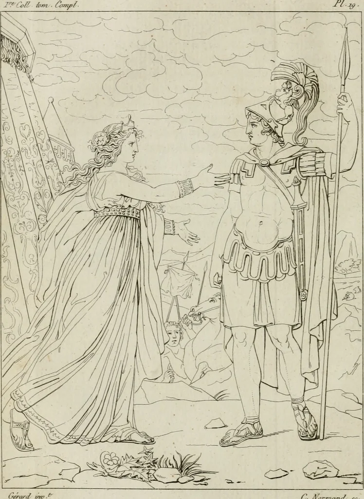 An illustration from Annales du musée et de l'école moderne des beaux-arts : recueil de gravures au trait, d'après les principaux ouvrages de peinture, sculpture, ou projets d'architecture, qui, chaque année, ont remporté le prix, soit aux écoles spéciales, soit aux concours nationaux : les productions des artistes en tous genres, qui, aux différentes expositions, ont été citées avec éloges : les morceaux les plus estimés ou inédits de la galerie de peinture : la suite complète de celle des antiques : édifices anciens et modernes, etc., 1800, leaf 77