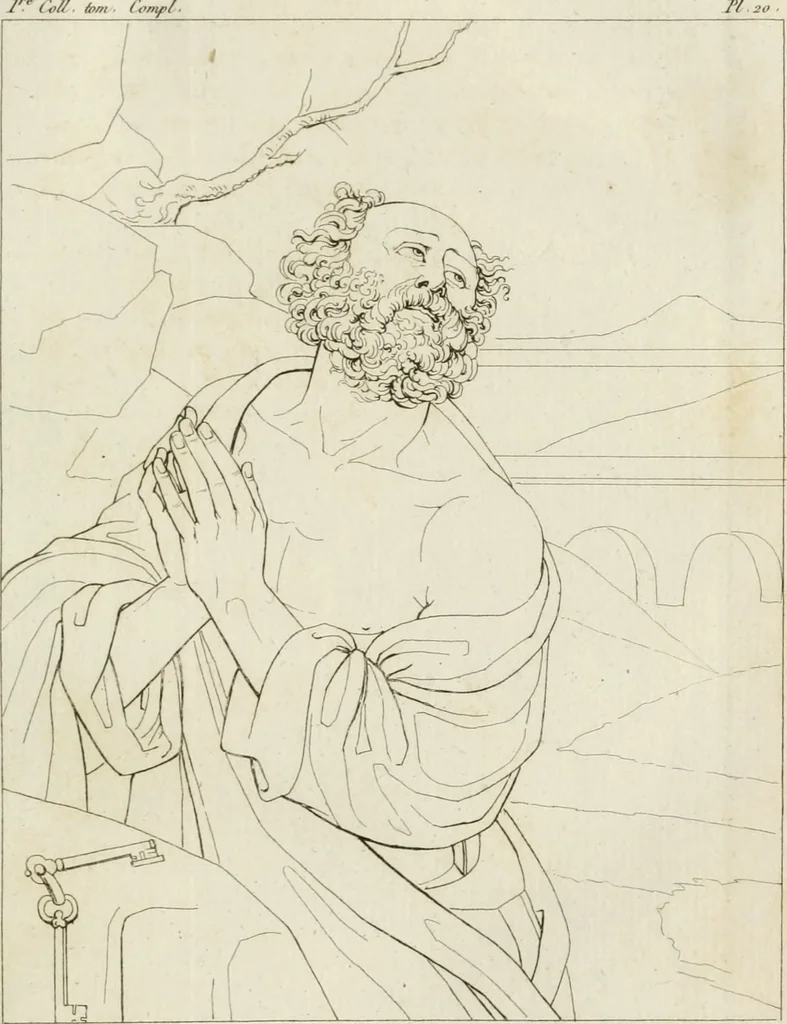 An illustration from Annales du musée et de l'école moderne des beaux-arts : recueil de gravures au trait, d'après les principaux ouvrages de peinture, sculpture, ou projets d'architecture, qui, chaque année, ont remporté le prix, soit aux écoles spéciales, soit aux concours nationaux : les productions des artistes en tous genres, qui, aux différentes expositions, ont été citées avec éloges : les morceaux les plus estimés ou inédits de la galerie de peinture : la suite complète de celle des antiques : édifices anciens et modernes, etc., 1800, leaf 80